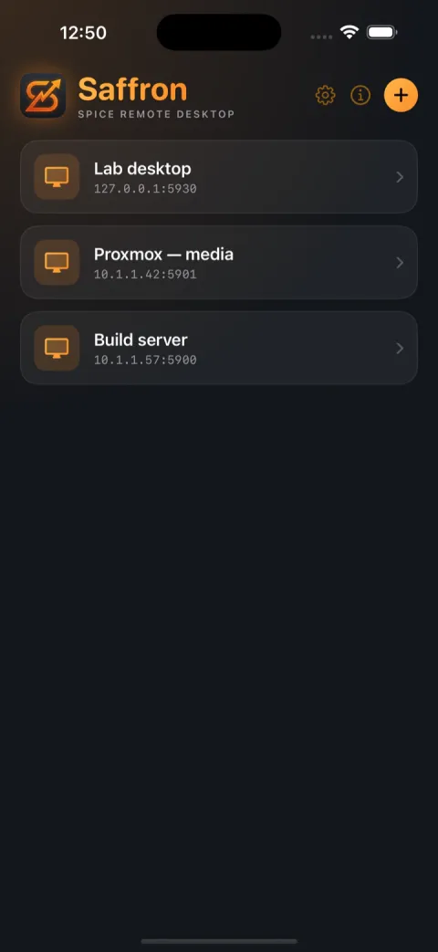 The Saffron SPICE connection list on iPhone