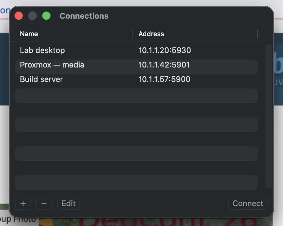 The Saffron SPICE Connections window on a Mac, listing three saved virtual machines