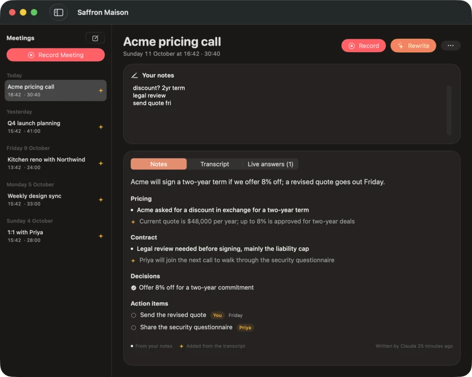 An Acme pricing call in Saffron Maison: the shorthand notes, then Claude's write-up with decisions and action items