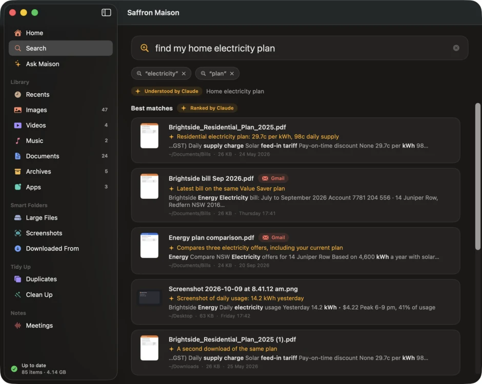 Searching for 'find my home electricity plan' in Saffron Maison: the electricity plan, the latest bill and a usage screenshot, each with a one-line reason from Claude